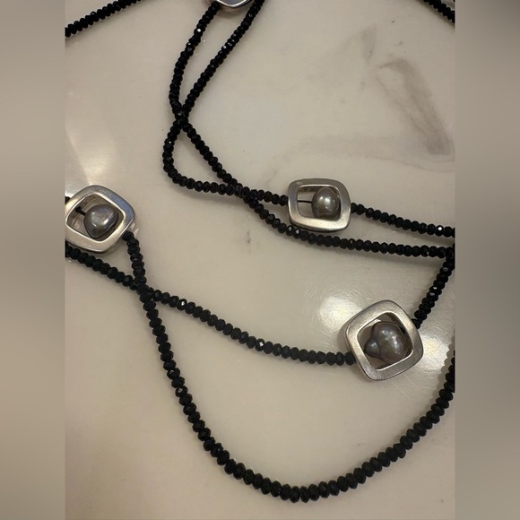 Jewelry - Black Crystal & Freshwater Pearl Long Statement Necklace Silver Accents